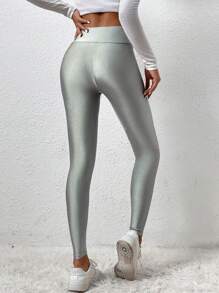 SHEIN EZwear Mallas largas de talle alto, estilo casual y brillante en color plata para tallas grandes
