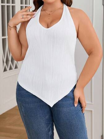 SHEIN Privé Plus Size Solid Color Asymmetrical Hem Tank Top With Halter