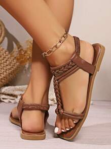 Sandalias planas tejidas nuevas para mujer 2024 con correa de trenza a rayas, tapa de dedo para el verano - Marrón - Ver 2