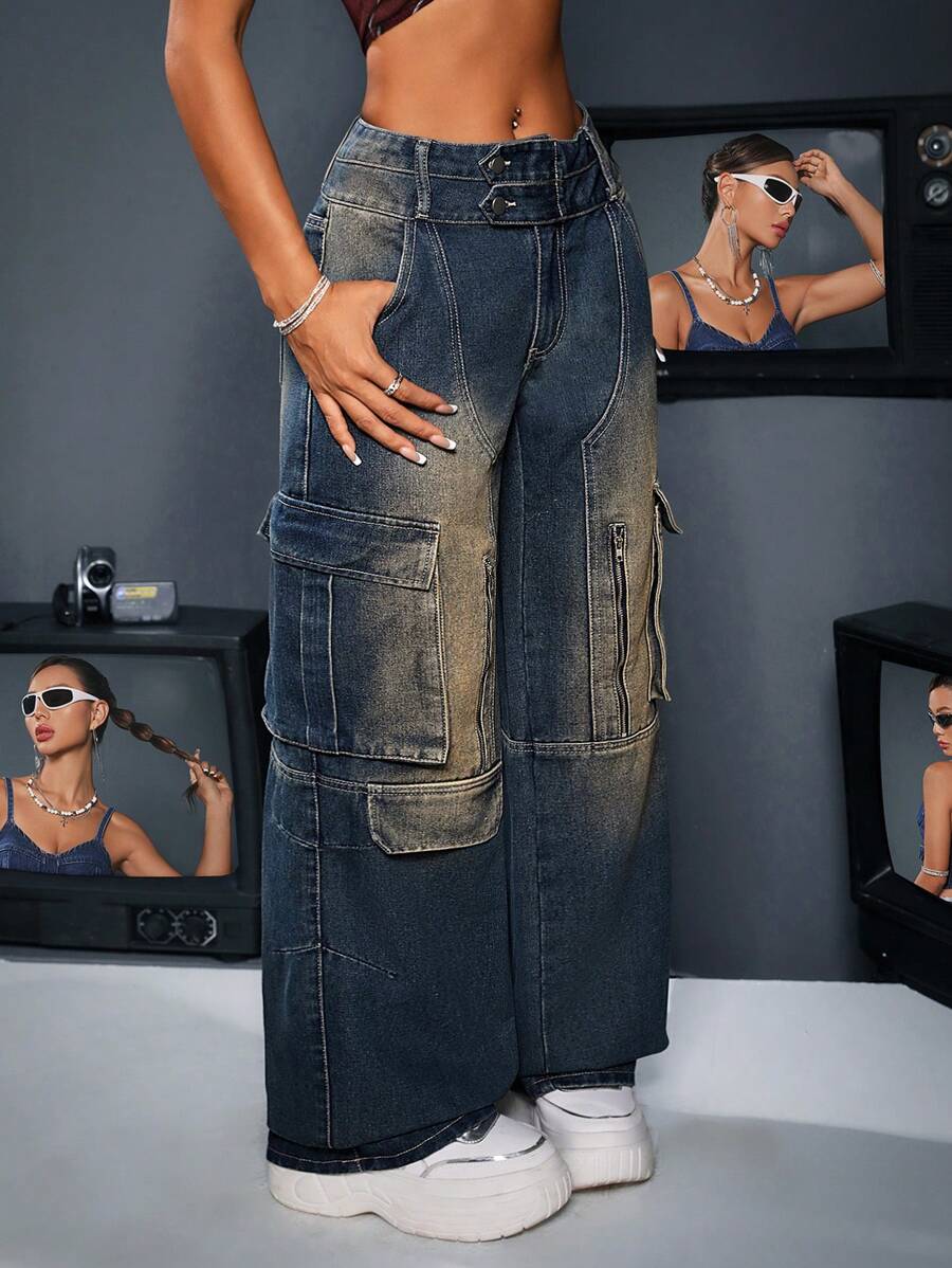 SHEIN ICON Quần jean denim rách thời trang phong cách cổ điển có túi khóa kéo và thiết kế ống rộng - Màu xanh lam - Xem 1