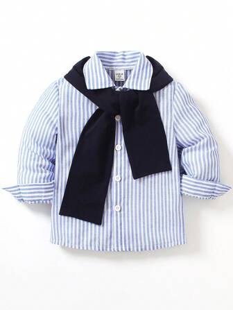 Young Boys Blue & White Striped Turn-Down Collar Long Sleeve Casual Shirt And Blue Knitted Scarf 2pcs/Set For Casual Outings In Spring And Autumn