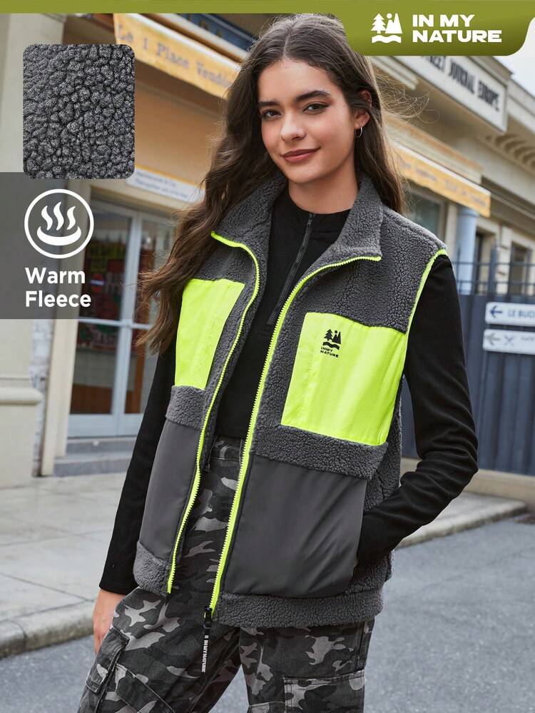 Color Block Zip Up Turtleneck Vest Coat