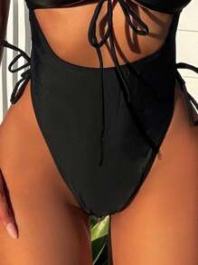 Swim SXY 夏季海灘女士純色簡約日常連身泳衣 - 黑色 - 查看 4