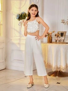 Tween Girls 2-Piece White Outfit With Big Flower Decoration Pants Matching Set - White - View 4