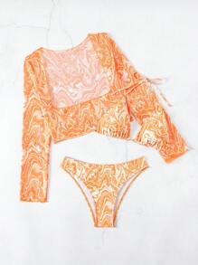 SHEIN Swim 3pcs Random Allover Print Bikini Set, Summer Beach Bathing Suit