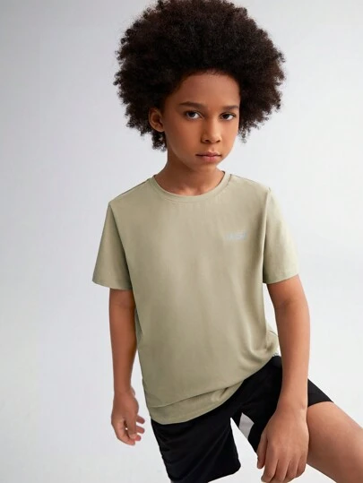 Tween Boy Solid Color Reflective Letter Printed Short Sleeve T-Shirt With Slant Pocket And Color Block Shorts Set
