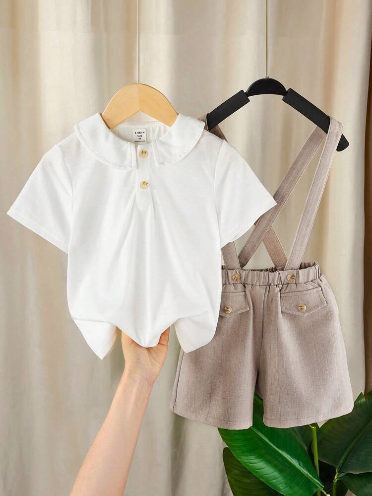Young Boy Matching Elegant Peter Pan Collar Short Sleeve Shirt With Braces Shorts Set