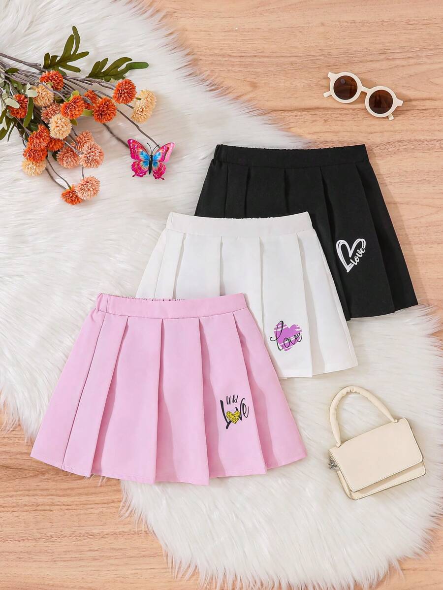SHEIN Young Girl 3pcs/Set Casual Heart Print Fashionable Pleated Skirt For Summer Party - Multicolor - View 1