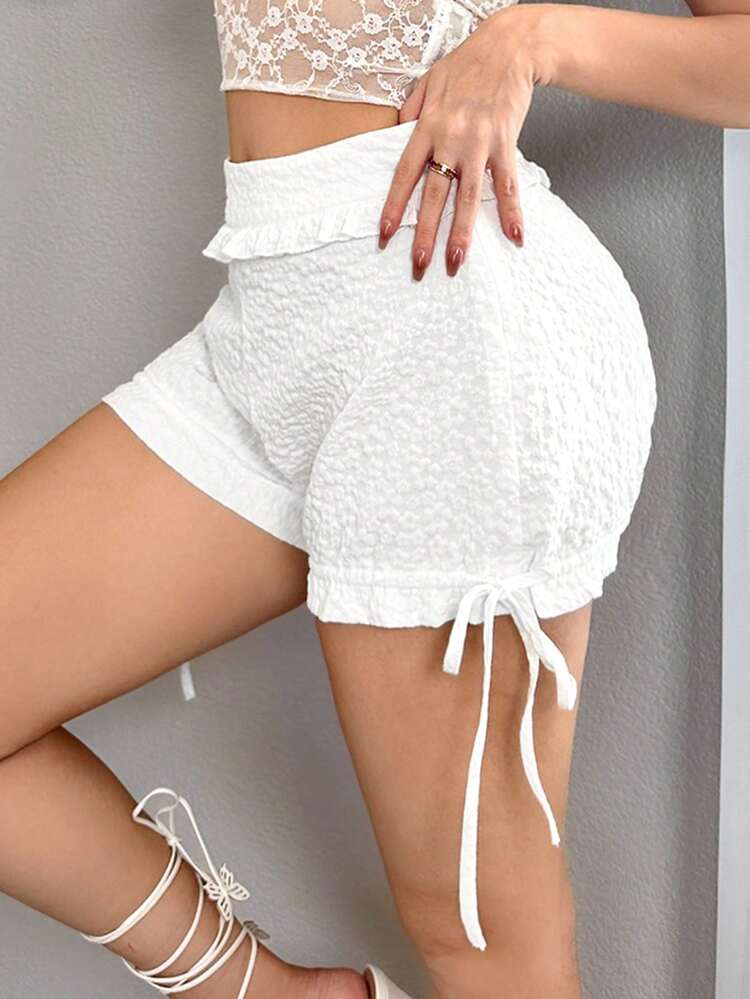 Ladies' Summer Solid Frilled Trim Drawstring Textured Shorts