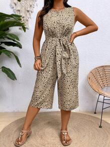 SHEIN Clasi Mono estampado sin mangas y pierna ancha para mujeres de talla grande con cintura elástica y diseño a la moda
