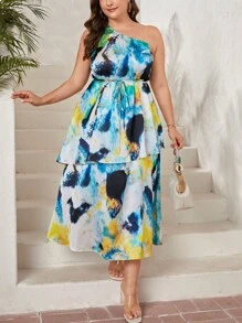 SHEIN Privé Elegant Tie-Dye One-Shoulder Multiple Tiers Ruffled Trim Plus Size Summer Dress, Suitable For Travel, Vacation And Date Night Outfits - Multicolor - View 5