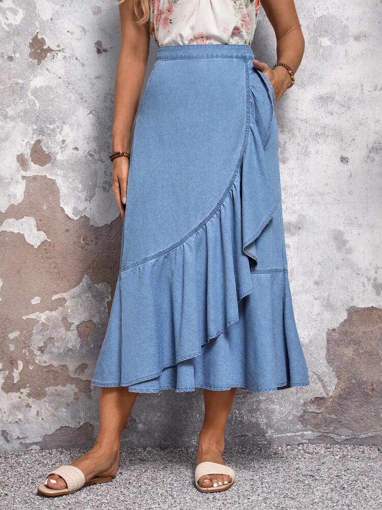 Holiday Leisure Denim Skirt With Ruffled Hem Wrap Design