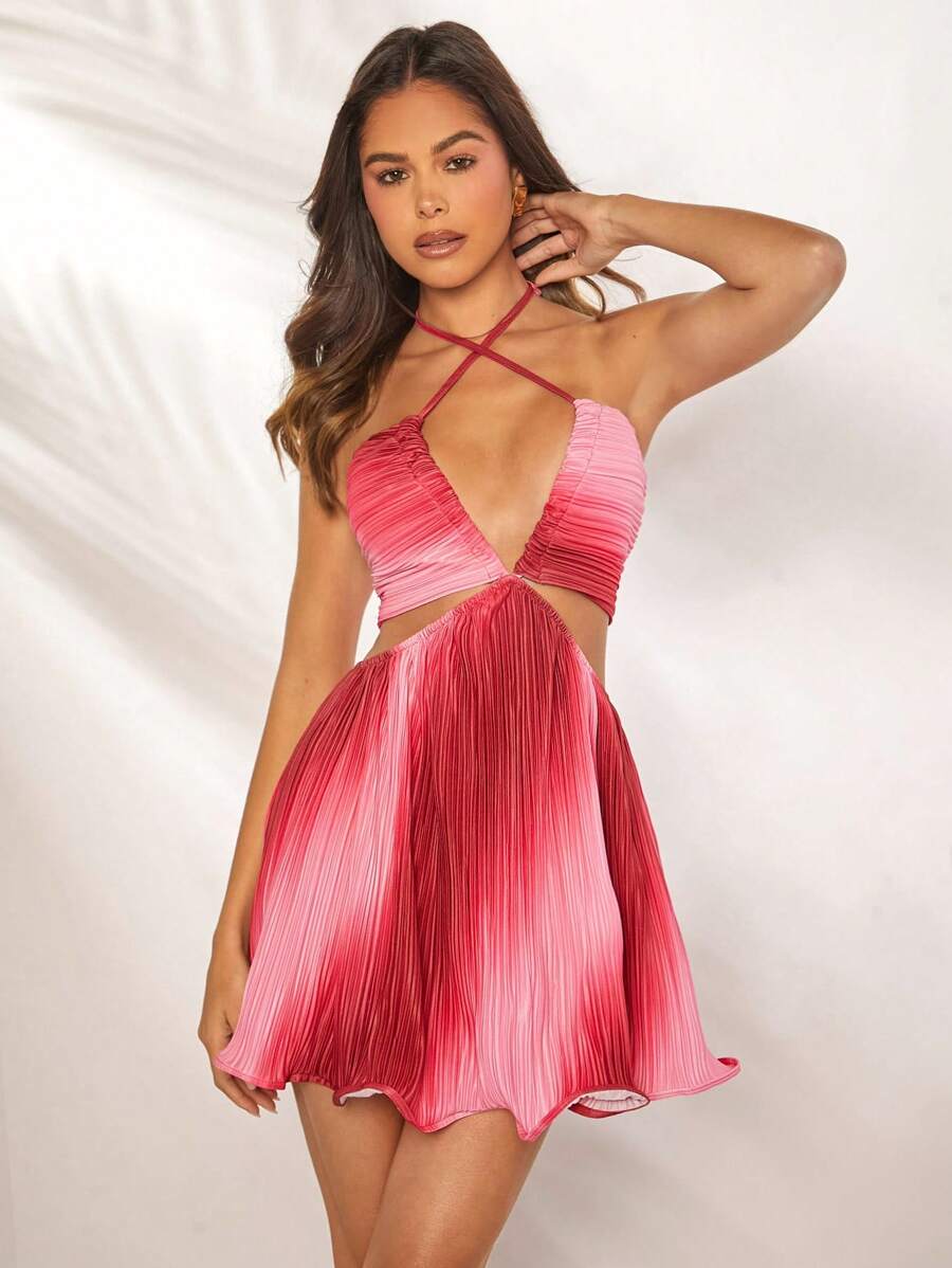 L'Amorae 渐变色褶饰镂空系带露背挂脖迷你连衣裙 - 紅色 - 查看 1