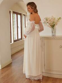 Joyfunear Maternity Fashion Solid Color Mesh Sleeve Off-Shoulder Elegant Dress, For Party - Apricot - View 2