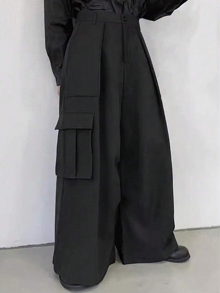 Manfinity Roghcode 男士黑色寬鬆直筒休閒工裝褲，帶口袋，加大碼長款，適合外出穿著 - 黑色 - 查看 1