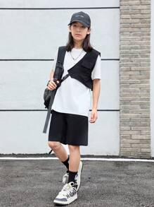 SHEIN Tween Boy Two Tone Flap Pocket Tee & Shorts