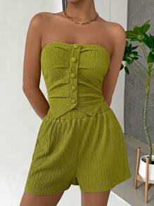 SHEIN EZwear Women Green Texture Strapless Button-Up Top And Shorts Casual 2-Piece Set For Spring/Summer - Green - View 3