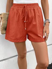 SHEIN LUNE Women Non-Elastic Woven Casual Shorts With Tie Waistband And Pockets