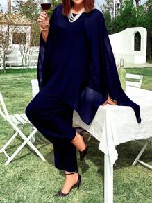 SHEIN Clasi Conjunto de 2 piezas de talla grande con top de mangas tipo murciélago y pantalones de unicolor elegante para primavera/verano - Azul Marino - Ver 3