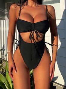 Swim SXY 夏季海灘女士純色簡約日常連身泳衣 - 黑色 - 查看 1