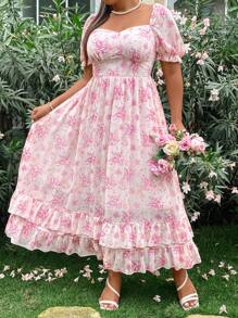 SHEIN LUNE Große Größen Boho Sommer Romantisches Chiffon Blumen Muster Kleid mit Rüschen und Saum für Damen - Pink - Übersicht 6