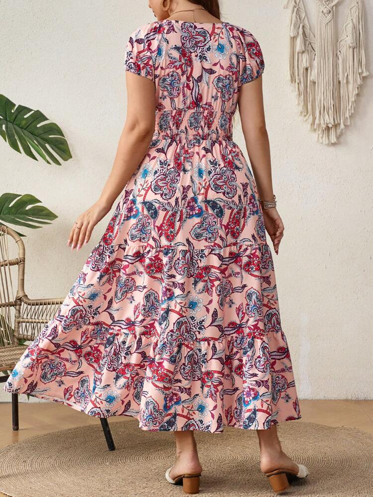 Plus Size Women Vacation Floral Print Long Elegant Dress With Bubble Sleeves And Waist Tie Maxi Women Outfit