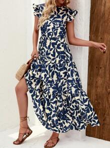 SHEIN LUNE Vestido largo de mujer con estampado floral, dobladillo con volantes, para vacaciones y tiempo libre - azul real - Ver 6