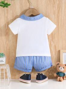 嬰兒女孩2件套裝，夏季可愛熊印花上衣和條紋短褲套裝