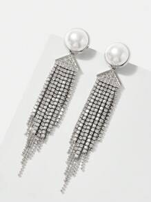 SHEIN Belle 1對優雅流蘇珍珠吊墜耳環 - 銀色 - 查看 6