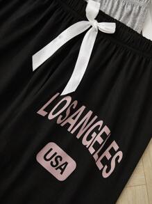 Women Fashion Letter & Plaid & Solid Color 3pcs Pajamas Pants Set, Fall Winter Clothes - Multicolor - View 5