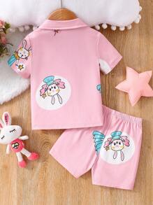 SHEIN طقم سهل الياقة والأكمام القصيرة للفتاة الرضيعة، يتكون من ملابس علوية وسروال قصير عاري الذراعين، مريح للارتداء في الأوقات العادية. - وردي - مشاهدة 2