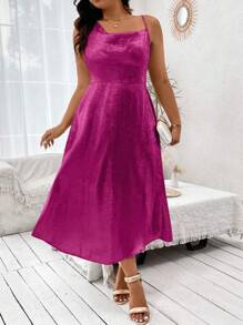 Celure Plus Size Women Solid Color Halter Asymmetrical Slip Dress - Hot Pink - View 1