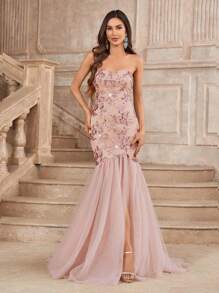 SHEIN Belle 優雅、華麗、可愛、粉紅色、性感彈力筒頂、無肩帶蕾絲、亮片、花形接縫、網狀胸杯、背帶、透視裂口連身裙，適合畢業季、舞會、婚禮、節日、魚尾長禮服（重工業風格） - 藕粉色 - 查看 5