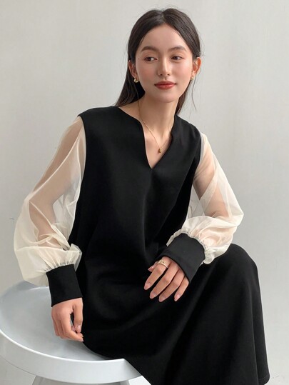 FRIFUL Colorblock Women Elegant A-Line Dress With Slit V-Neckline, Mesh Fabric And Lantern Sleeves For Spring/Fall,Casual Women Dresses Long Sleeve Dress