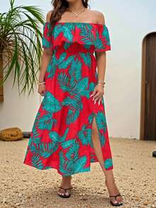 SHEIN Holidaya 大尺碼女式熱帶植物印花露肩荷葉邊開叉沙灘裙 - 紅色 - 查看 3