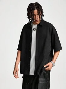 Manfinity NXTstreet Camisa masculina simples com botões impressos para uso diário - Preto - Visão 3