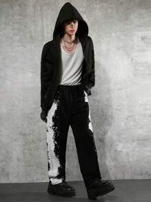 Manfinity Denimwave Men's Personalised Black Denim Pants, Wide Leg Cut, Unique Ink Splatter Print, Y2K Streatwear Fashion, Crafted For Street Style Aficionados Seeking Bold And Artistic Looks.