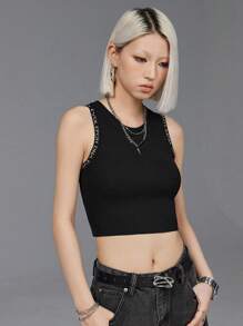 SHEIN EZwear 基礎針織短款貼身上衣，適用於街頭時尚和休閒穿著 - 黑色 - 查看 6