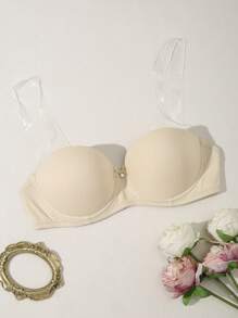 Ladies' Solid Transparent Shoulder Strap Bra With Underwire - Apricot - View 3