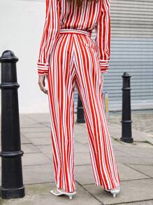 COSMINA Women Casual Red And White Striped Printed Minimalist Daily Wear Long Pants With Self Fabric Belt Fall - Red and White - View 2