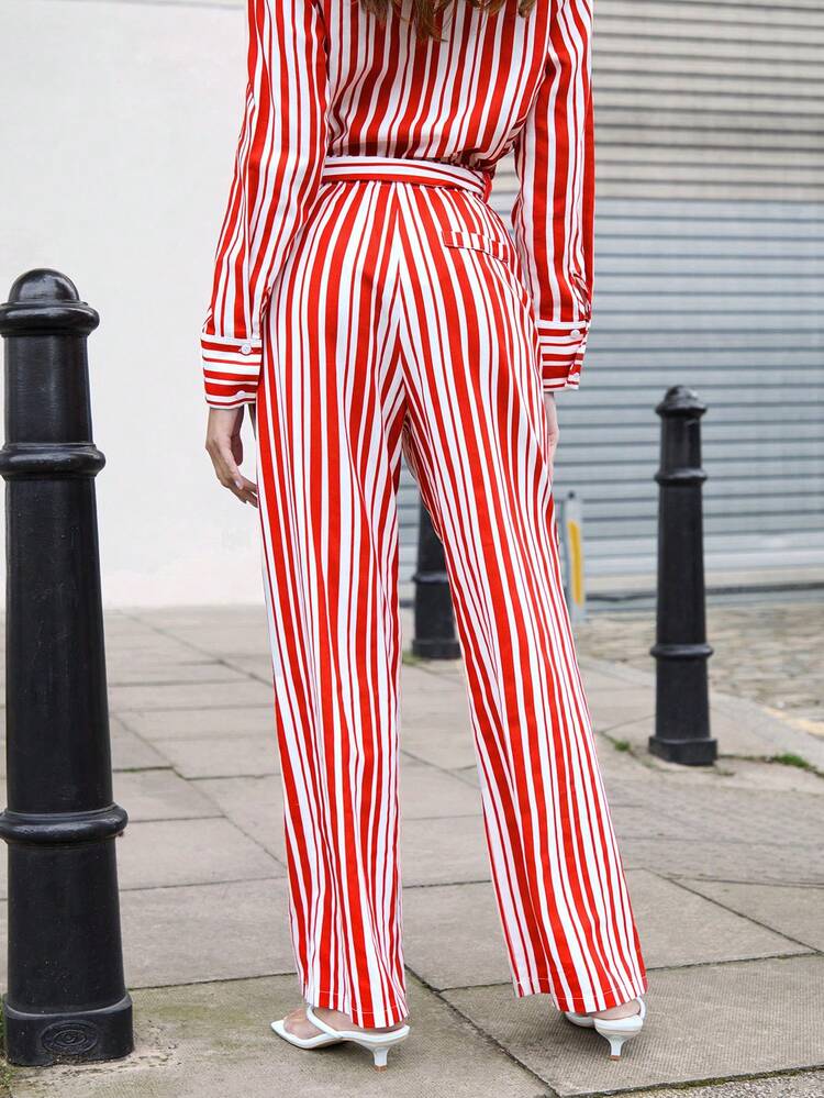 Women Casual Red And White Striped Printed Minimalist Daily Wear Long Pants With Self Fabric Belt Fall