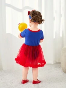 SHEIN Baby Girl Cute And Fun Heart And Letter Pattern Contrast Mesh Bodysuit , Suitable For Spring And Summer Outings - Navy Blue - View 2