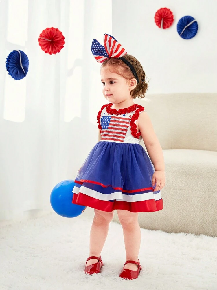 American Flag-Inspired Mesh Skirt With Sequins, Blue And Red, Ruffle Trim, Pleats, Scalloped Neckline, Mesh And Satin Patchwork Dress Set