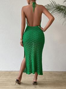 Breezaya 手工钩编花卉侧开衩露背吊带连衣裙，带衬里，适合度假 - 綠色 - 查看 2