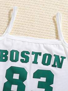 SHEIN Tween Girl Letter Number Print Cami Top & Contrast Neck High-Low Hem Top & Sports Shorts Set, Suitable For Sports And Outdoor Activities In Summer - Olive Green - View 4