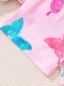 Teen Girl Fashionable Butterfly Printed Short Sleeve Top And Shorts Set - Pink - View 6