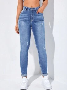 Flexra 高腰破洞緊身牛仔褲 - 淺色水洗藍 - 查看 5