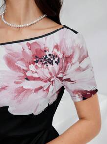 Modelyn Women Elegant Floral Printed Long Asymmetrical Collar Dress With Pleated Hem For Spring And Summer Long Evening Dresses - Black - View 4