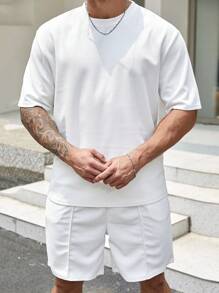 Manfinity Homme Men Plus Size Solid Color Short Sleeve T-Shirt And Shorts Set - White - View 6