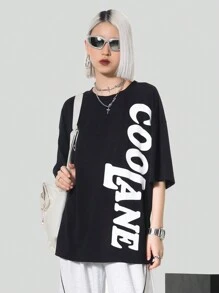Coolane Phụ Nữ Mùa Xuân Và Mùa Hè Tinh Cá Tính Tất Cả Trận Đấu Logo Lớn Phong Cách Đường Phố Hip-Hop Bạn Trai Phong Cách Đồng Màu áo thun - màu đen - Xem 6